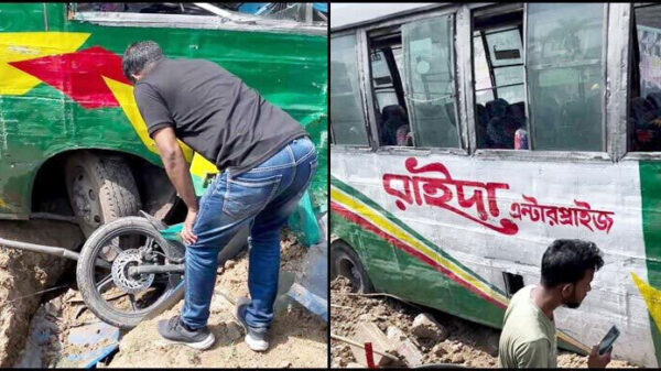 ব্রেক ফেল করে আইল্যান্ডে লাগাতে গিয়ে প্রকৌশলীকে চাপা দেয় বাসটি